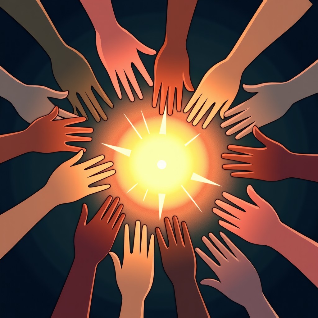 Many diverse hands reaching towards a central digital light source, symbolic of unity and resistance against dark technology, artistic rendering, textured background, warm highlights, 4:3