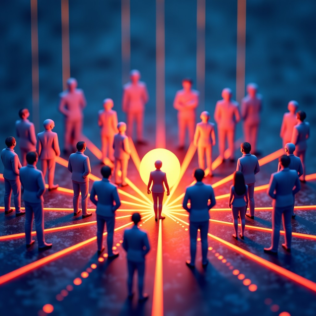Artistic illustration of diverse people connected by glowing digital lines, vibrant colors, textured background, concept of a safe and connected online community, 4:3
