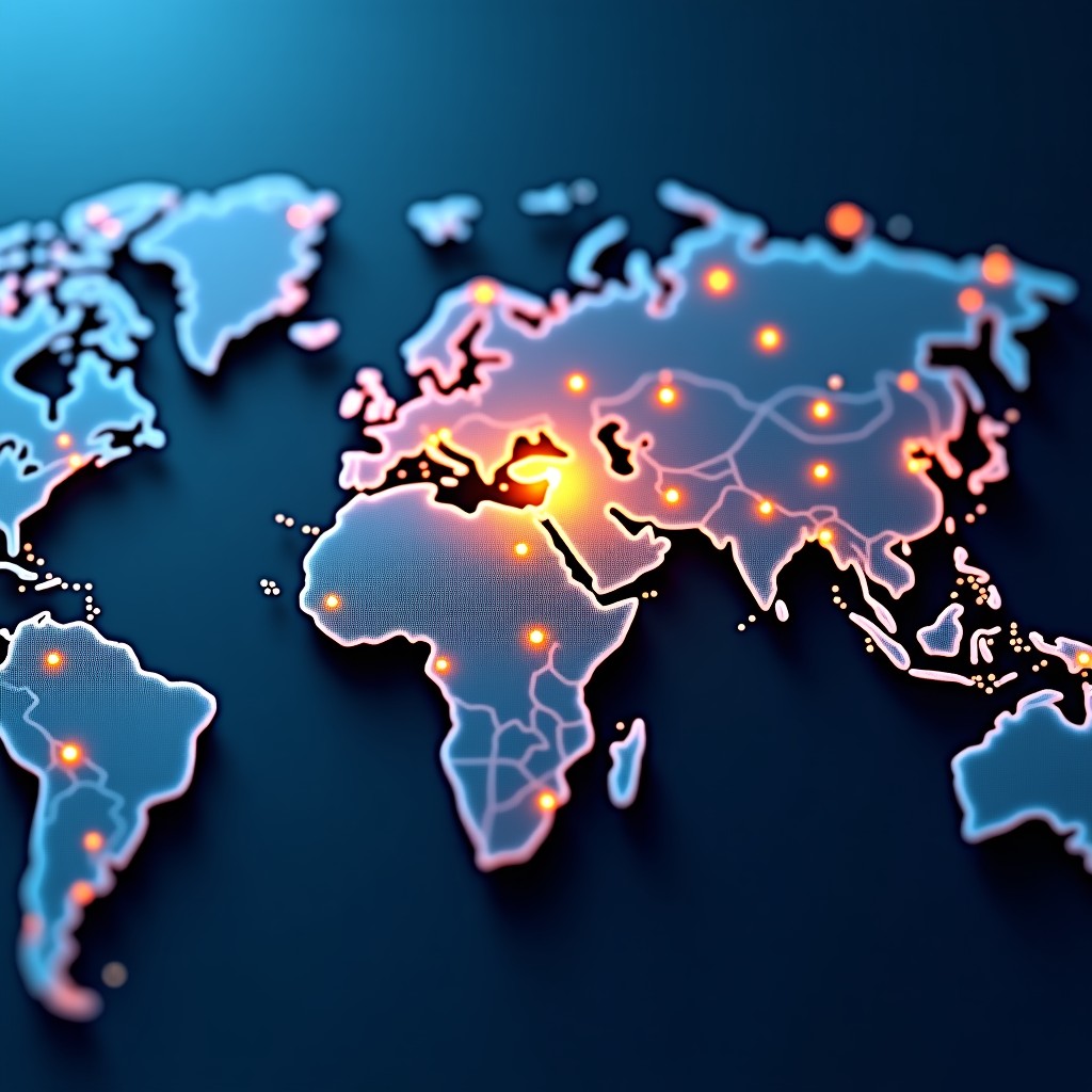 Abstract digital visualization of a glowing neural network spreading across a map-like texture, symbolizing connectivity and AI growth. Vibrant blue and gold colors, textured background, artistic rendering, 4:3.