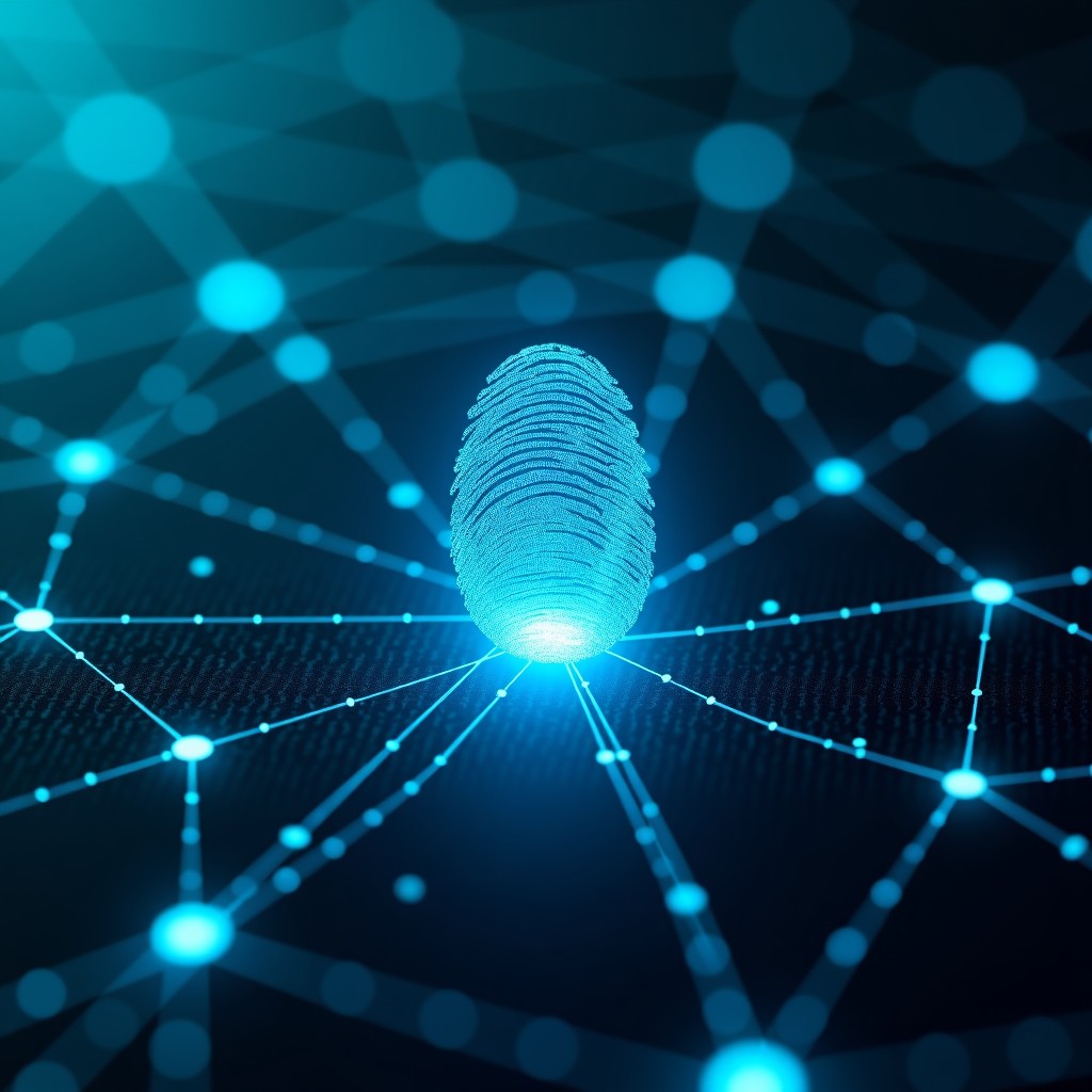 A high-tech infographic showing a digital fingerprint spreading across a web network, glowing lines connecting nodes, dark blue background with cyan highlights, realistic textures, 4:3