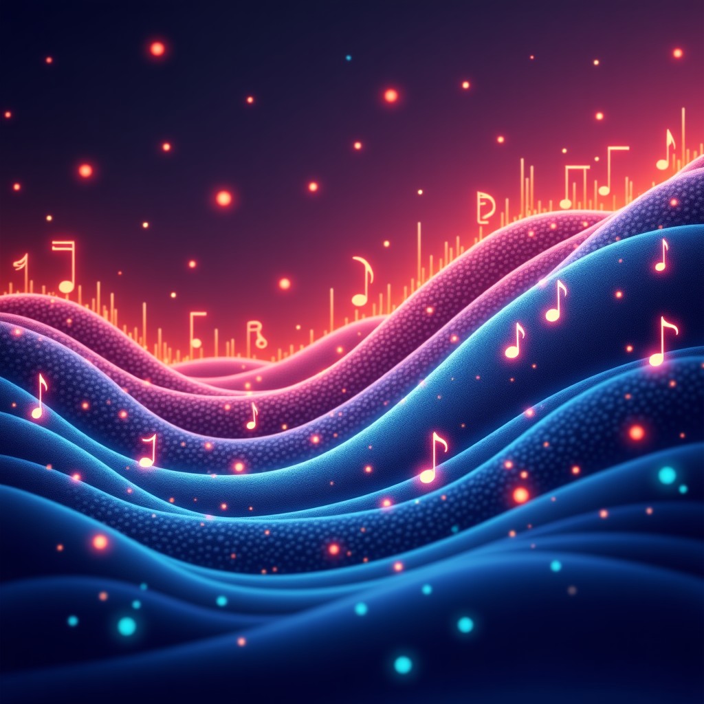 A high-quality creative illustration of musical notes and digital waves connecting together, vibrant colors, textured background, 4:3