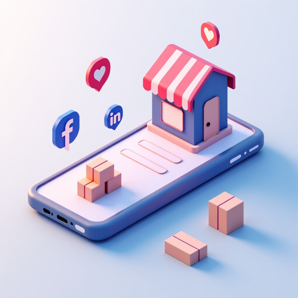 A conceptual illustration of a digital bridge connecting a smartphone with social media icons to a physical storefront and shipping boxes, 3D isometric style, soft pastel colors, clean and modern aesthetic, 4:3