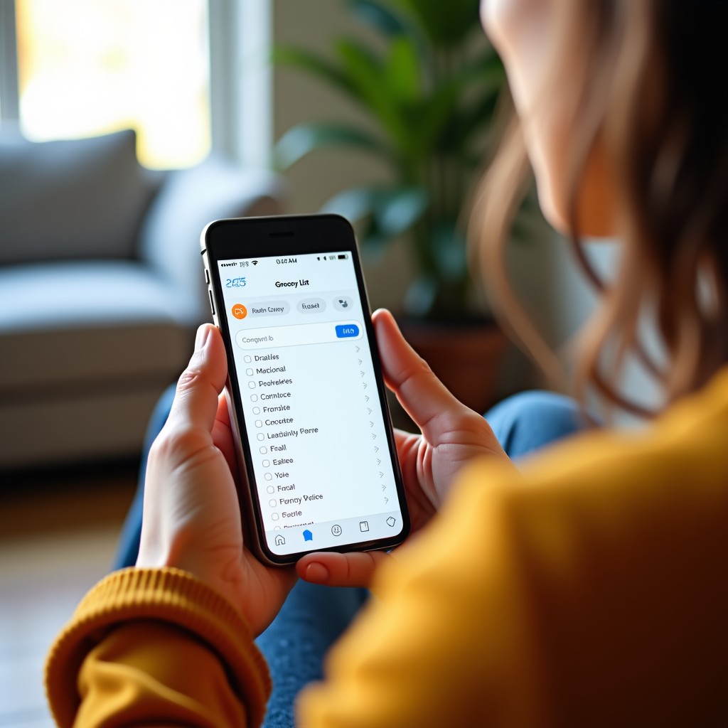 Close up of a person's hand holding a smartphone and scrolling through a completed grocery shopping list in an app, cozy indoor living room environment, shallow depth of field, 1:1
