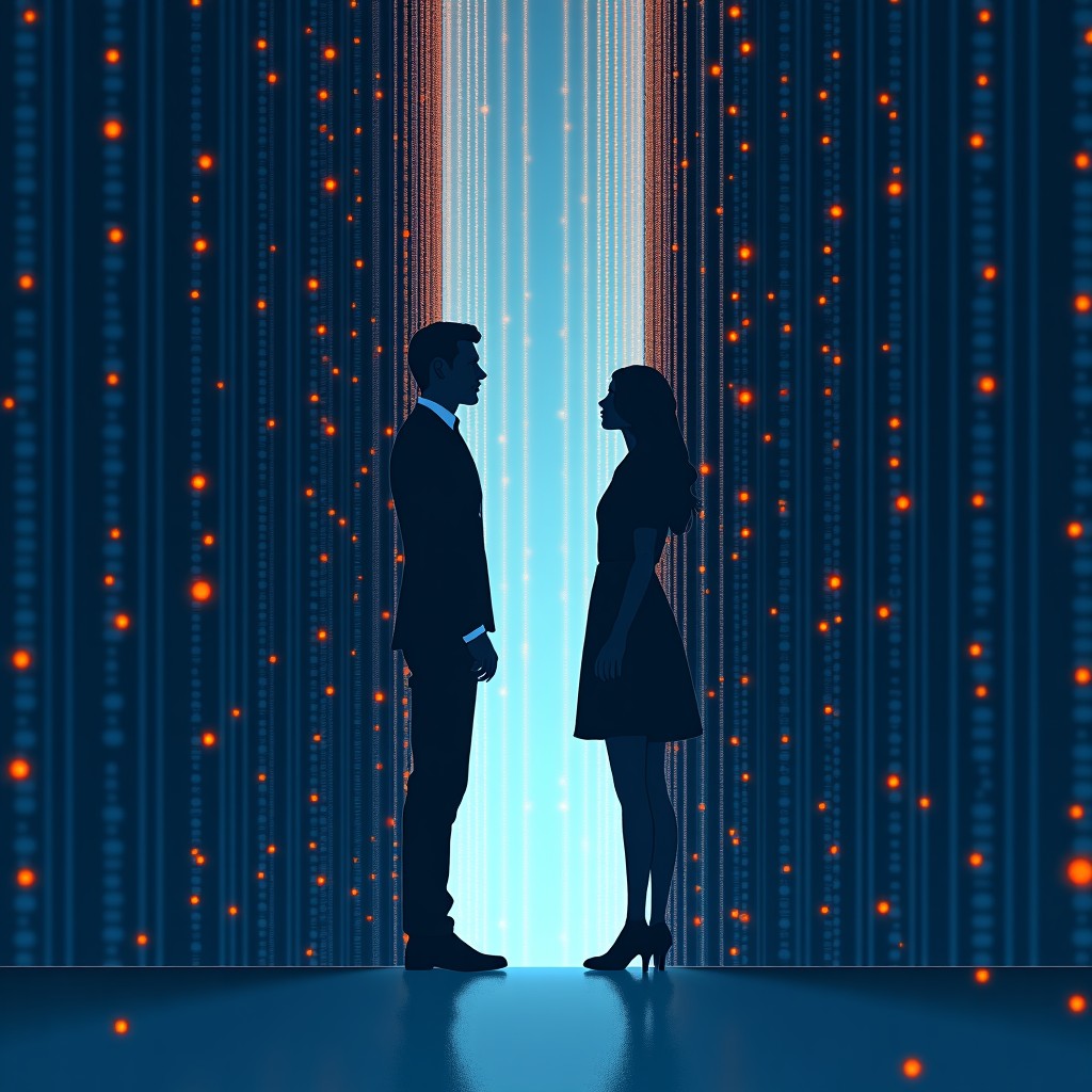 An artistic illustration of a man and a woman separated by a wall made of binary code and glowing data lines. They are trying to reach out to each other through the digital barrier. Surreal and conceptual style, deep blue and orange color palette, 4:3 aspect ratio.