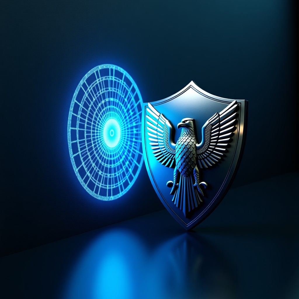 A symbolic representation of a glowing blue AI neural network wall being confronted by a heavy metallic military shield with an eagle emblem. dramatic contrast, deep shadows, professional digital art style. 4:3