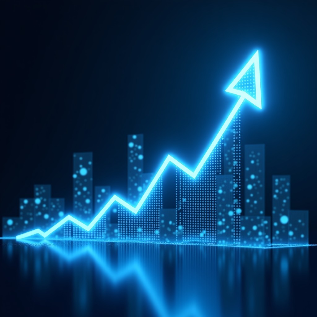 A conceptual image showing the digital transformation of the financial industry with glowing data lines and a sense of upward growth. 1:1