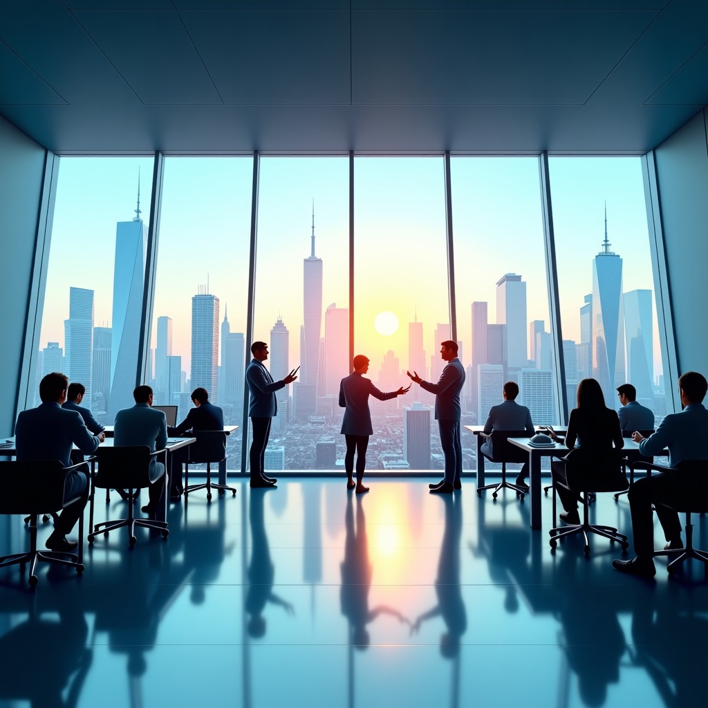 A panoramic view of a futuristic and eco-friendly city skyline through the glass wall of a high-end corporate office. Inside, people are working together in a vibrant and collaborative environment. Detailed composition, 2026 vision. 4:3
