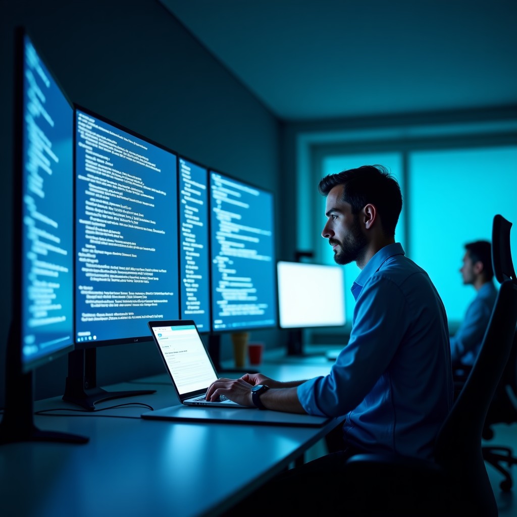 A person looking at multiple holographic screens in a dimly lit modern office. The screens show various data points and code. The person looks focused and analytical. Professional and high-tech atmosphere. 4:3.
