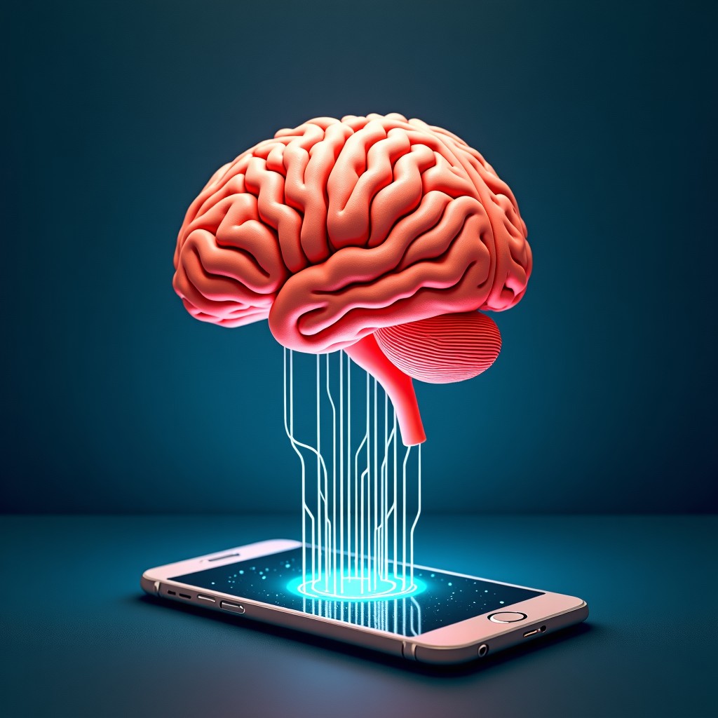 An artistic rendering of a human brain connected to various digital circuit lines emerging from a smartphone, textured background, symbolic of digital addiction and mental health, professional and clean composition, 1:1