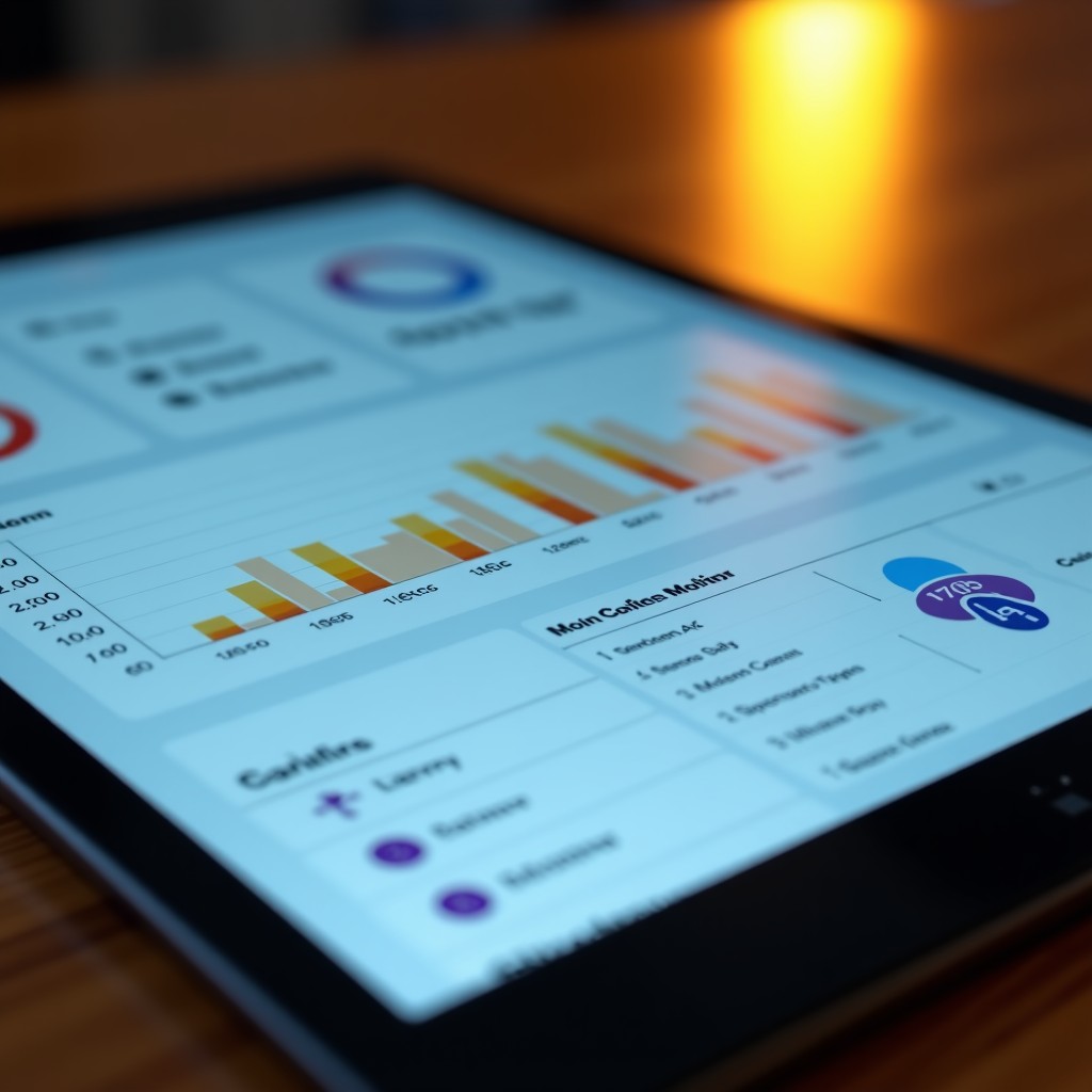 A close up of a modern tablet displaying a dashboard with rising revenue charts and icons representing digital content and AI licensing. Warm office lighting. 4:3
