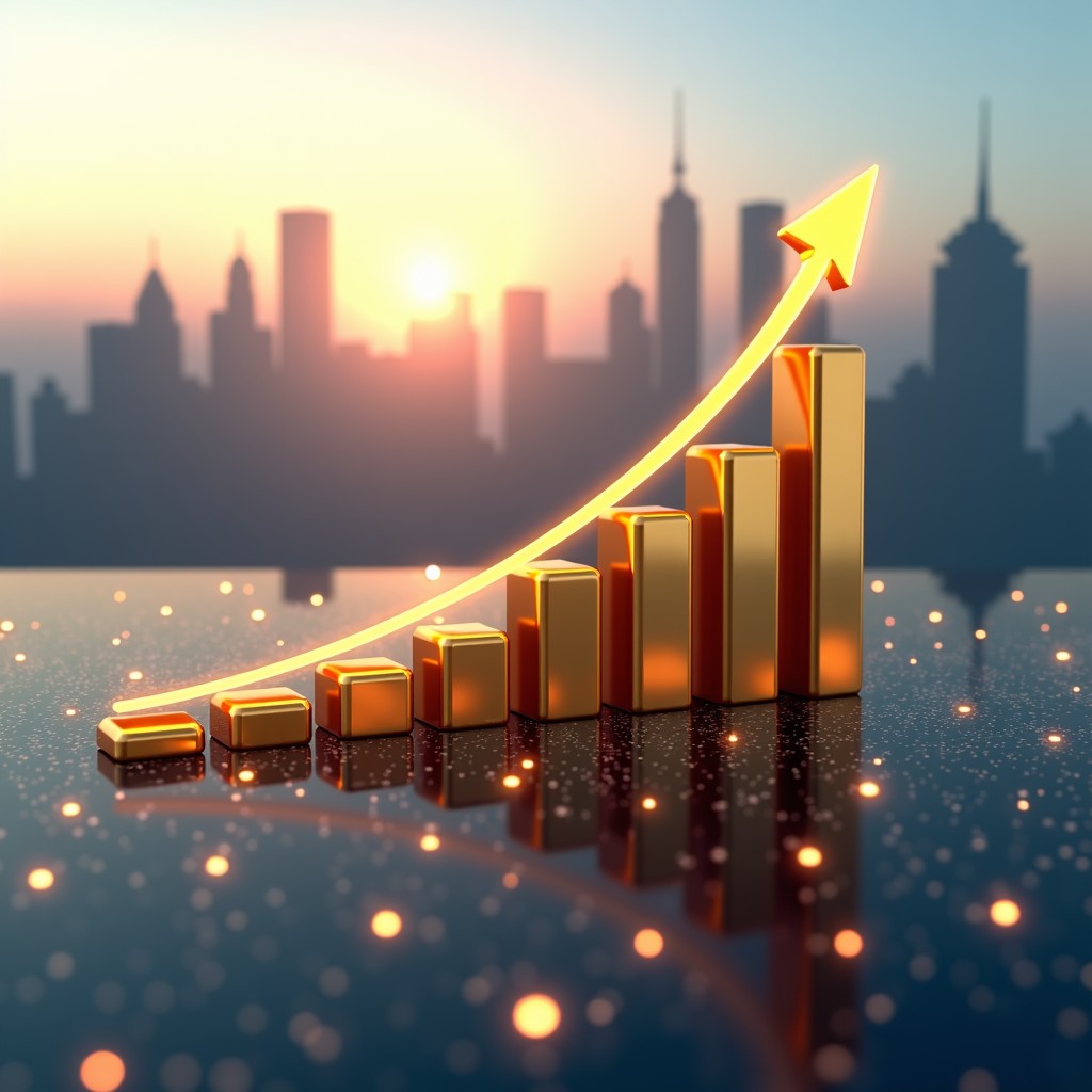 An abstract composition of rising financial charts and golden arrows integrated into a digital circuit board pattern. A futuristic city skyline is visible in the background through a hazy atmosphere. Clean composition, high-end 3D render, 4:3