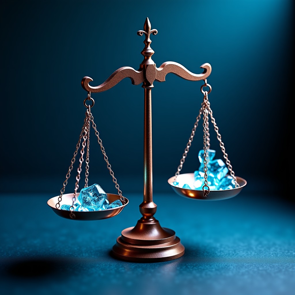 Abstract scales of justice with digital code flowing through them representing AI ethics and law 4:3