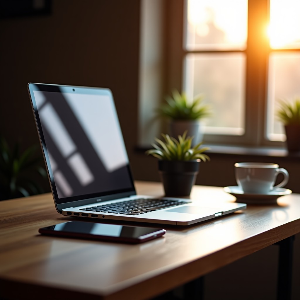 A creative workspace with a high-end laptop, tablet, and coffee, warm sunlight coming through the window, cozy atmosphere, focus on digital workflow, professional photography, 1:1