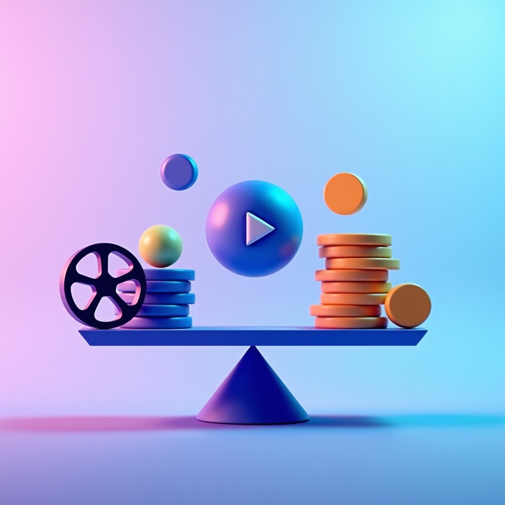 A modern and clean infographic style image showing abstract icons of film reels, play buttons, and coins balanced on a scale. The background is a soft gradient of purple and blue, representing digital value. 4:3