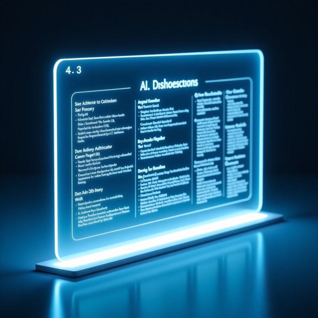 A transparent glass screen showing digital authentication tags and AI disclosure labels, futuristic user interface design, soft blue and white lighting, 4:3