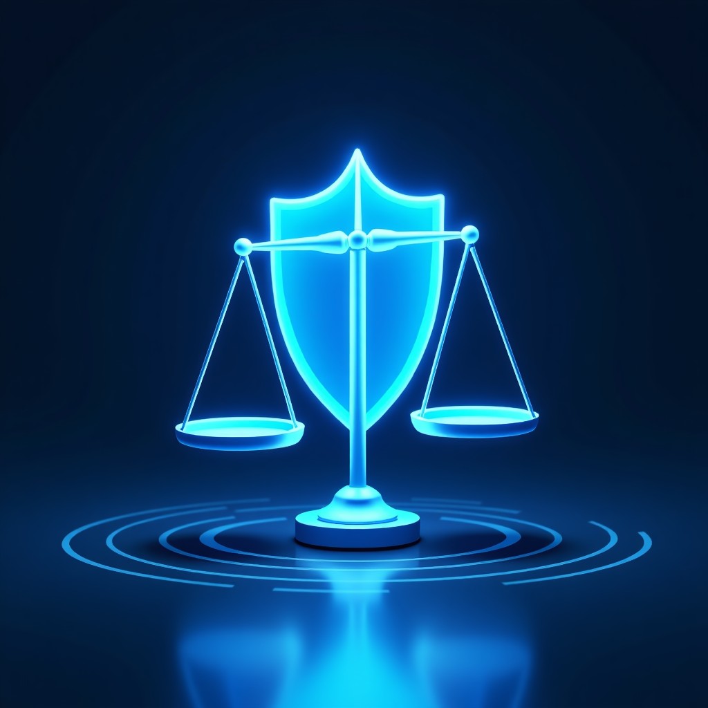 A conceptual illustration of a digital shield and a balance scale representing intellectual property rights in the AI era, glowing blue lines, professional corporate style, 4:3
