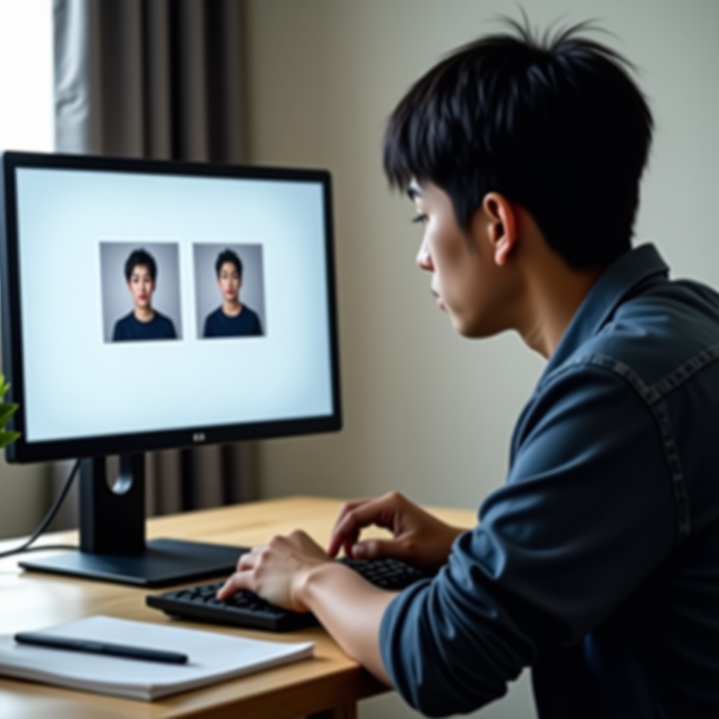 A Korean person sitting at a desk with a laptop looking carefully at the screen. The screen shows two similar images side by side for comparison. Soft indoor lighting. Focused expression. 1:1