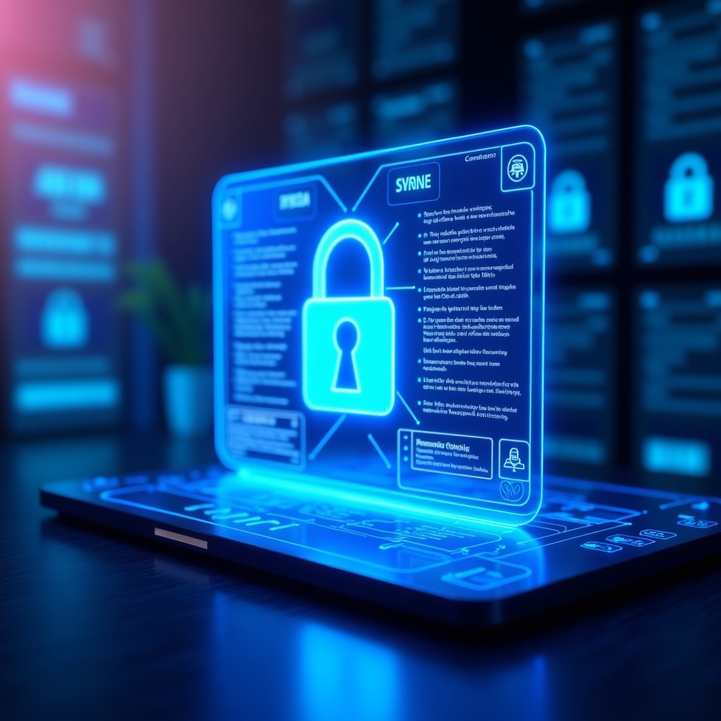 A digital security concept showing data encryption and watermarking on a glowing image screen, professional tech environment, blue and purple aesthetic, 4:3