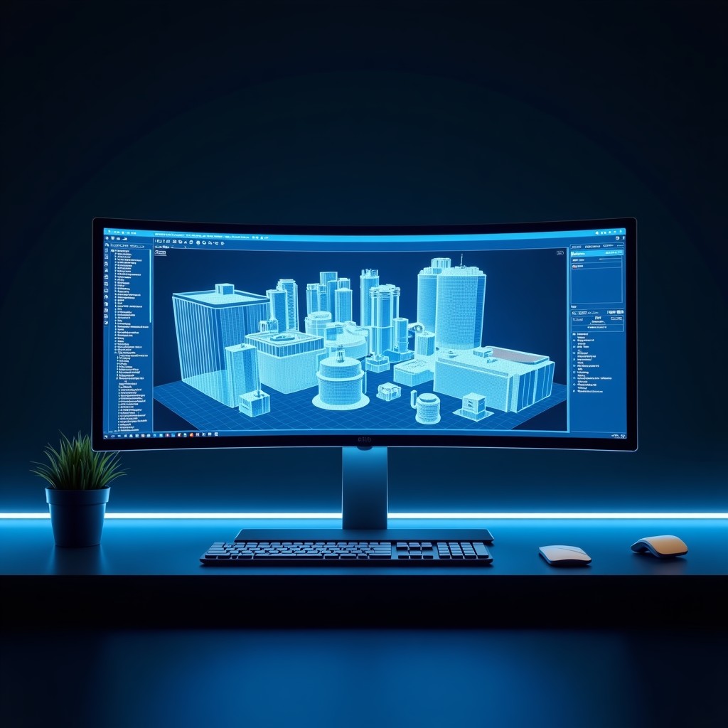 A clean minimalist workspace with a large curved monitor displaying complex 3D industrial models and digital twin simulations, dark background with subtle blue glowing lines, high-end professional setup, 4:3