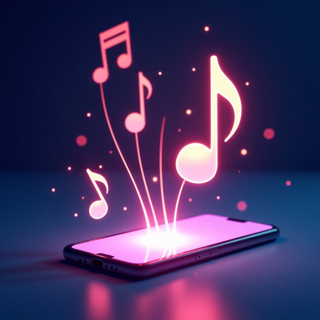 A conceptual illustration of musical notes transforming into digital concert tickets, glowing neon lines connecting a smartphone and a stage, futuristic and clean aesthetic. 4:3