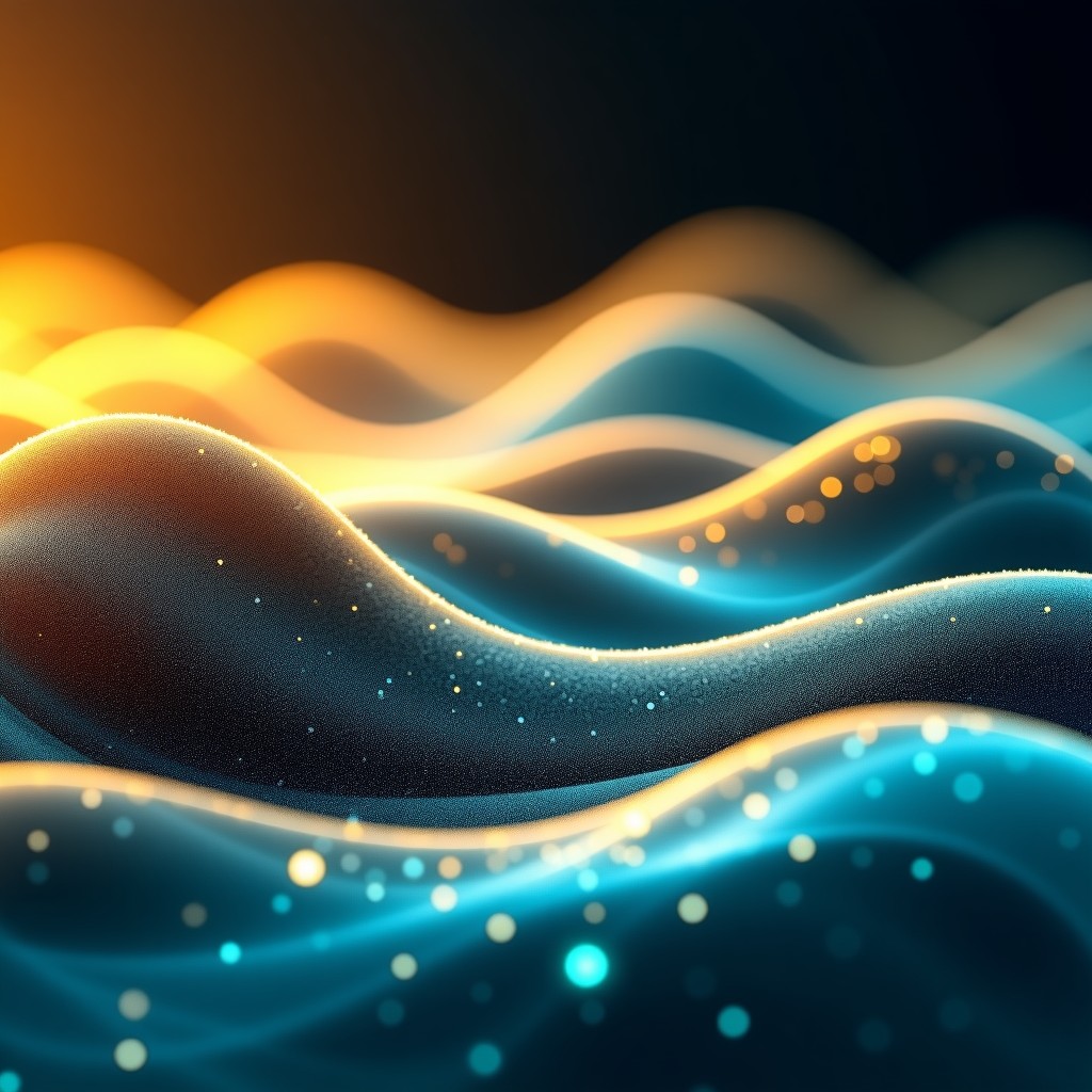 Abstract digital waves representing energy and movement, flowing particles in gold and cyan colors, high tech aesthetic, smooth curves, 1:1
