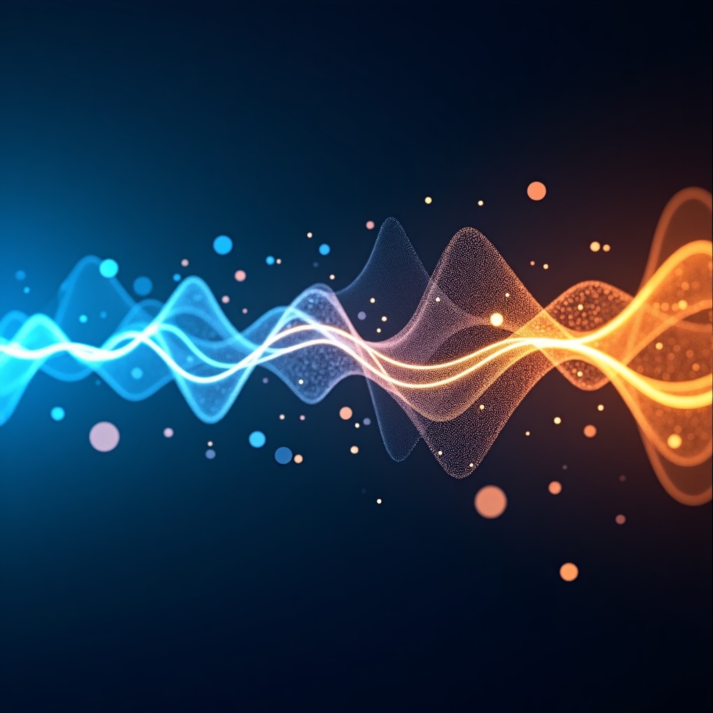 Abstract representation of human voice waves transforming into digital binary code, artistic rendering, vibrant blue and gold colors, smooth transitions, high contrast. 1:1