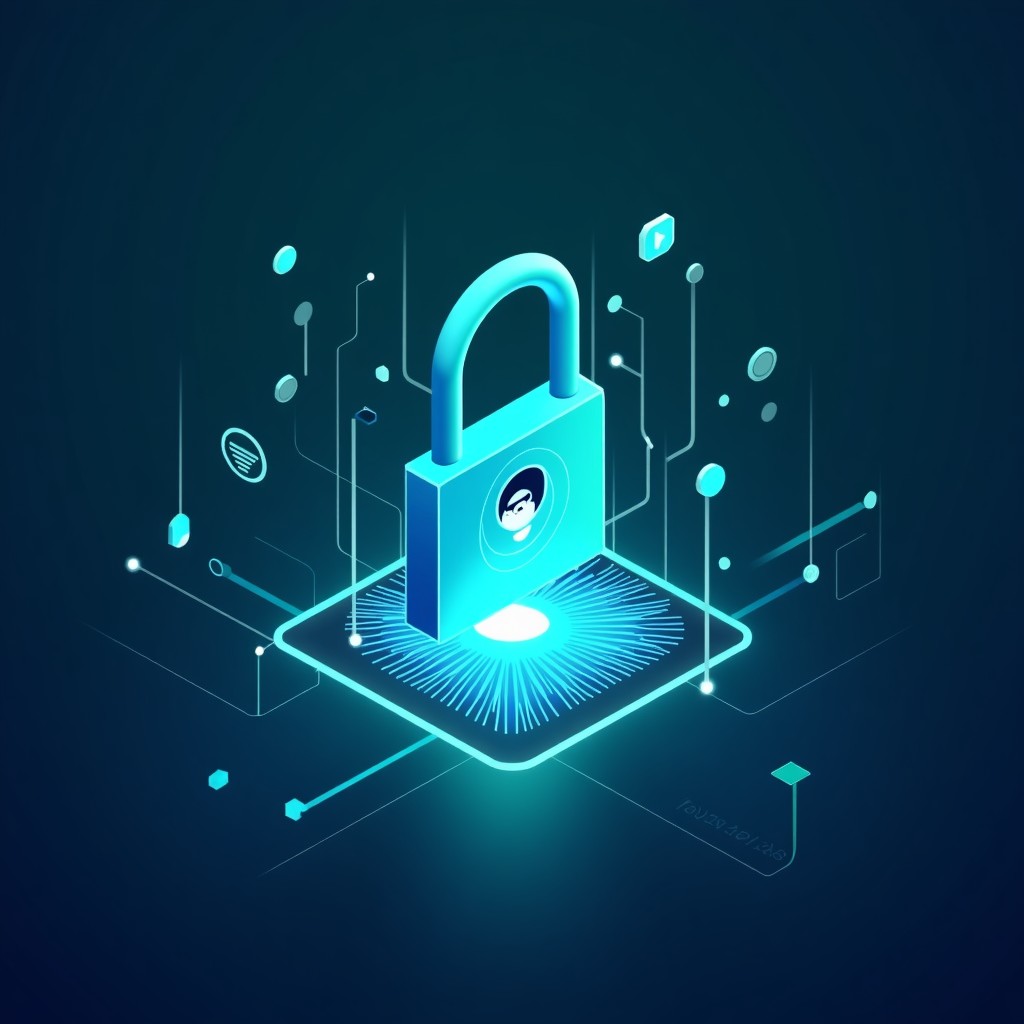 A conceptual illustration about digital privacy, a padlock icon integrated with a human eye and glowing data streams, dark blue and teal futuristic background, 4:3