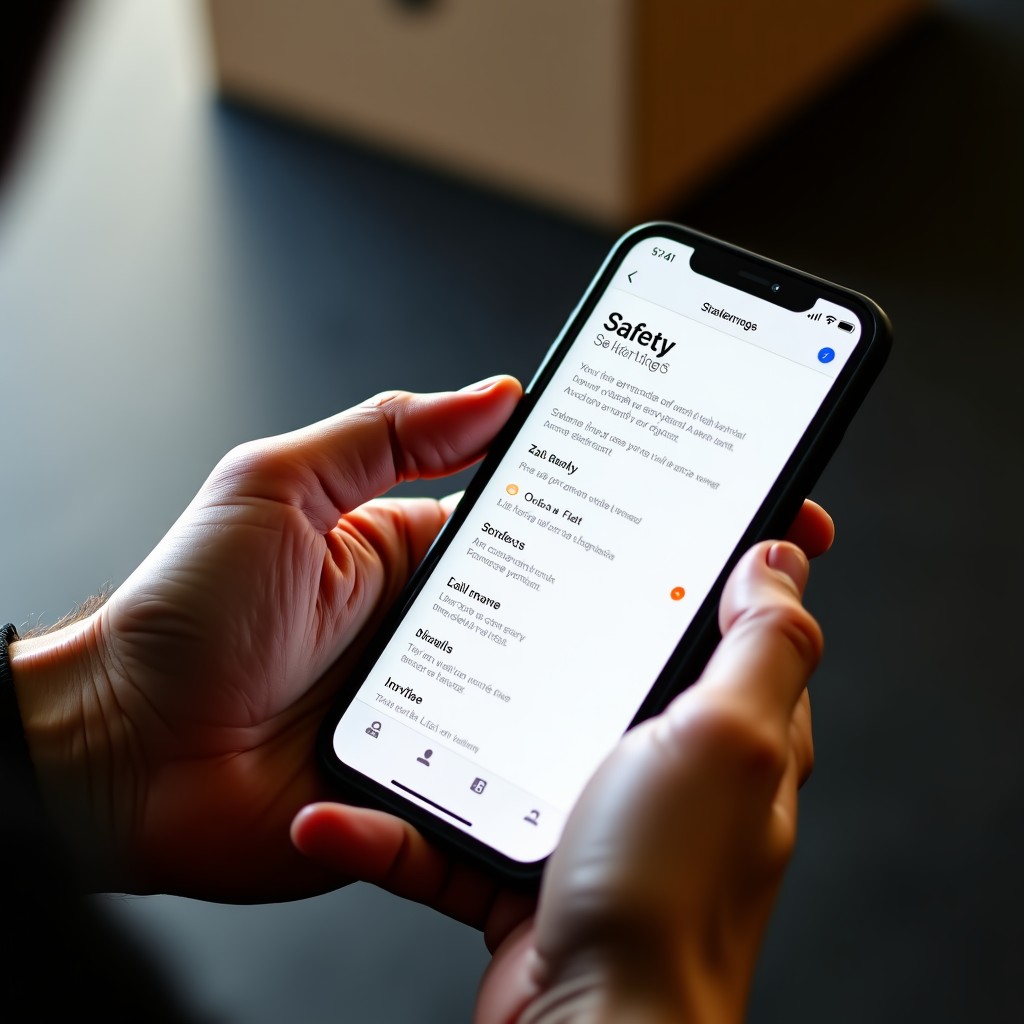A close-up of a person's hands holding a smartphone showing a safety settings menu, soft lighting, 4:3