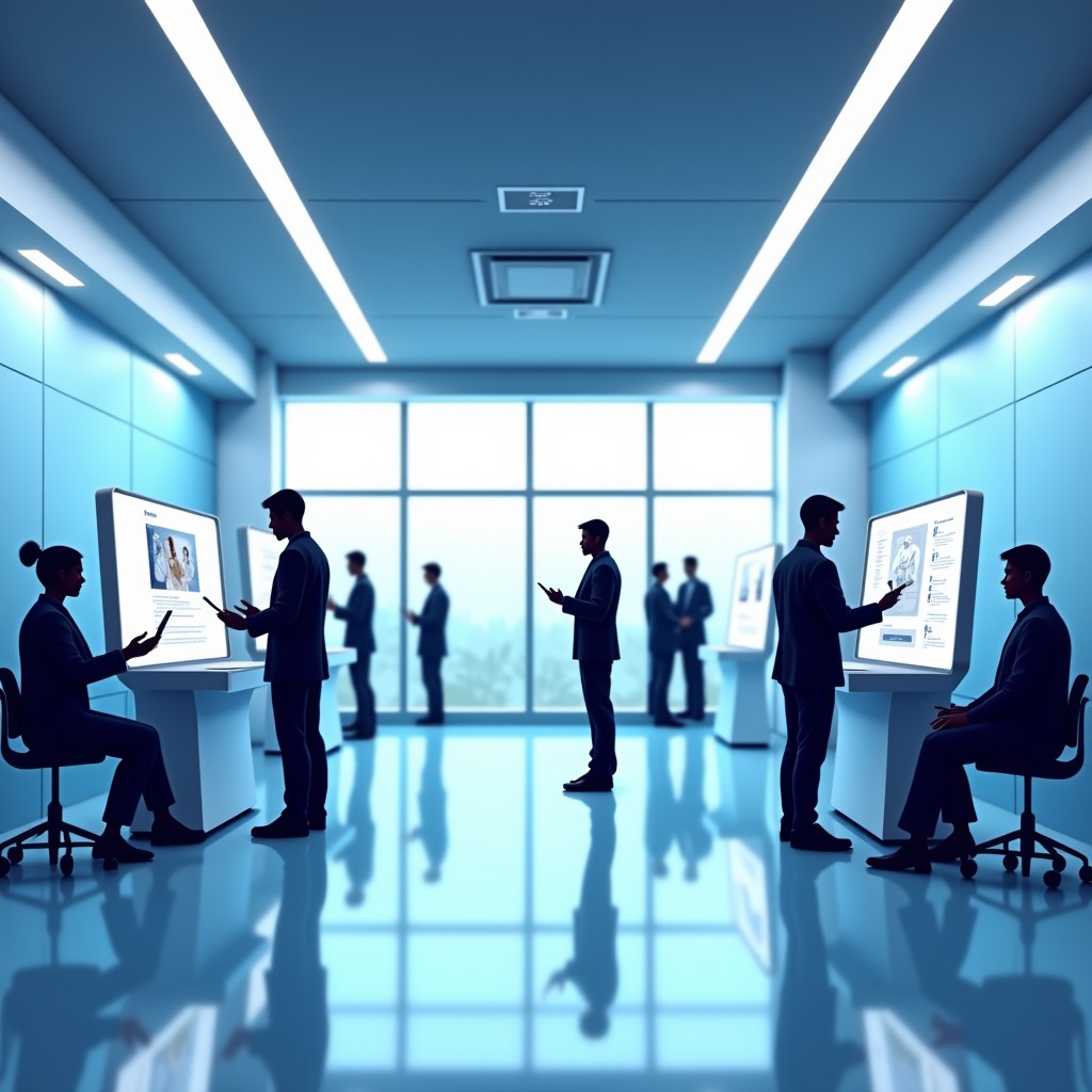 A modern, high-tech clinic interior with digital kiosks and integrated AI systems. The atmosphere is professional, clean, and welcoming. People are interacting with smart healthcare devices. 4:3