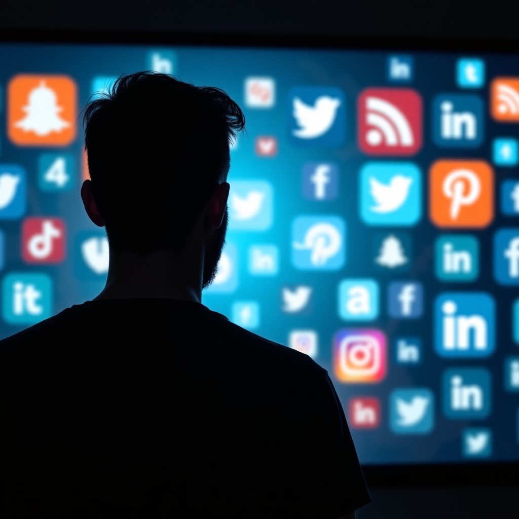 A silhouette of a man looking at a glowing digital screen with blurred social media interface icons, dark blue and orange cinematic lighting, modern technology aesthetic, high contrast. 4:3