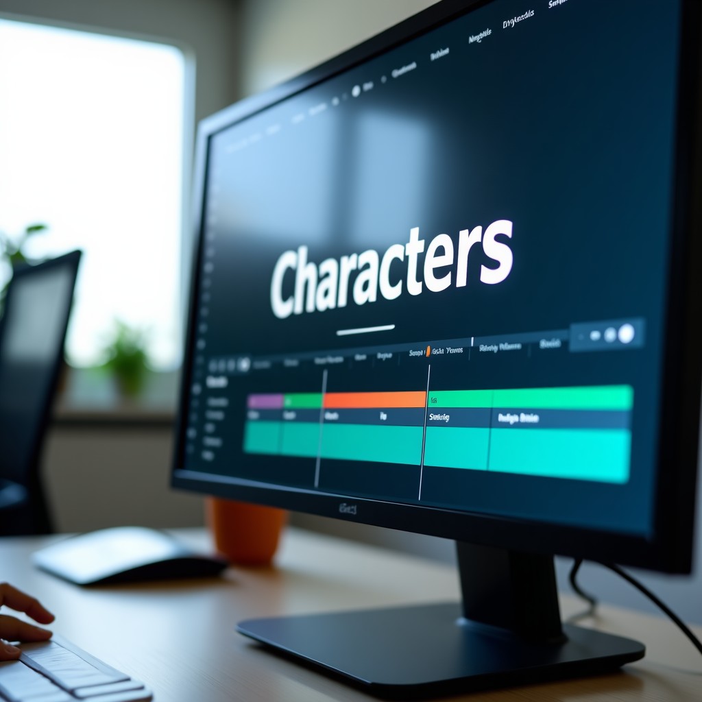 Close up of a computer monitor displaying a user interface for a video editing app with the word Characters being typed in a clean modern office background, high resolution, 4:3