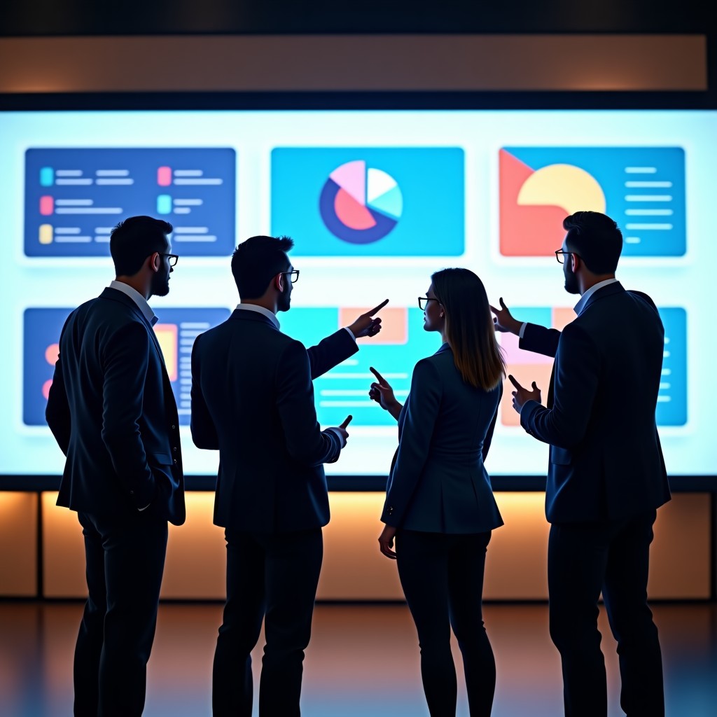 A diverse team of professional business people standing in front of a large digital touch screen monitor in a modern office. They are pointing at colorful UI design elements and collaborating. Natural lighting, professional atmosphere. 1:1