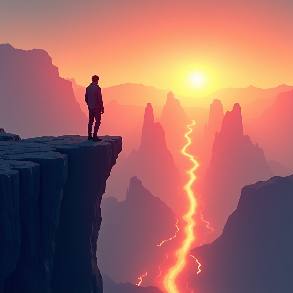 A person standing on a cliff edge looking towards a futuristic city where digital light meets nature at sunset 1:1