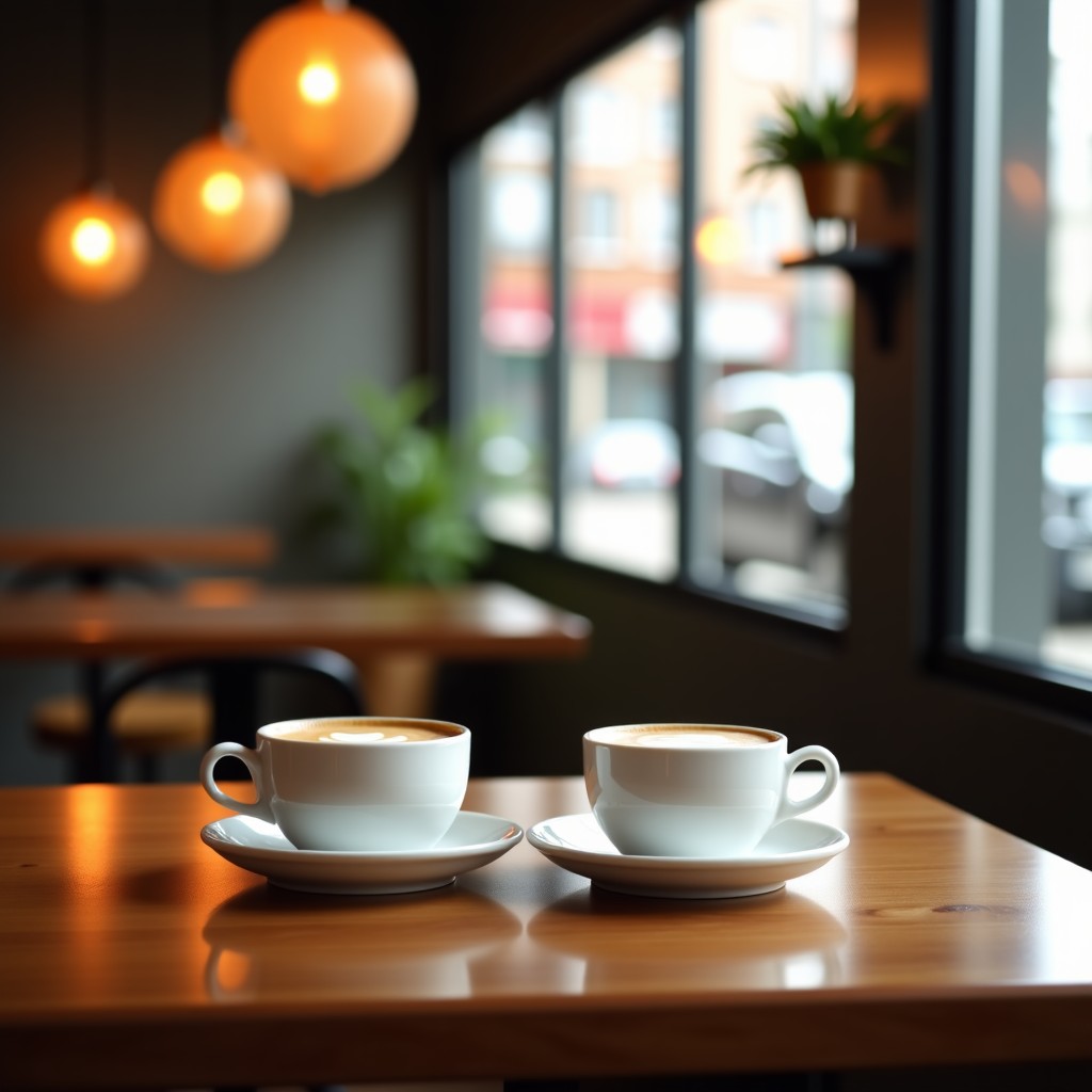 A warm and inviting modern cafe interior with a wooden table and two coffee cups suggesting a successful first date, 1:1