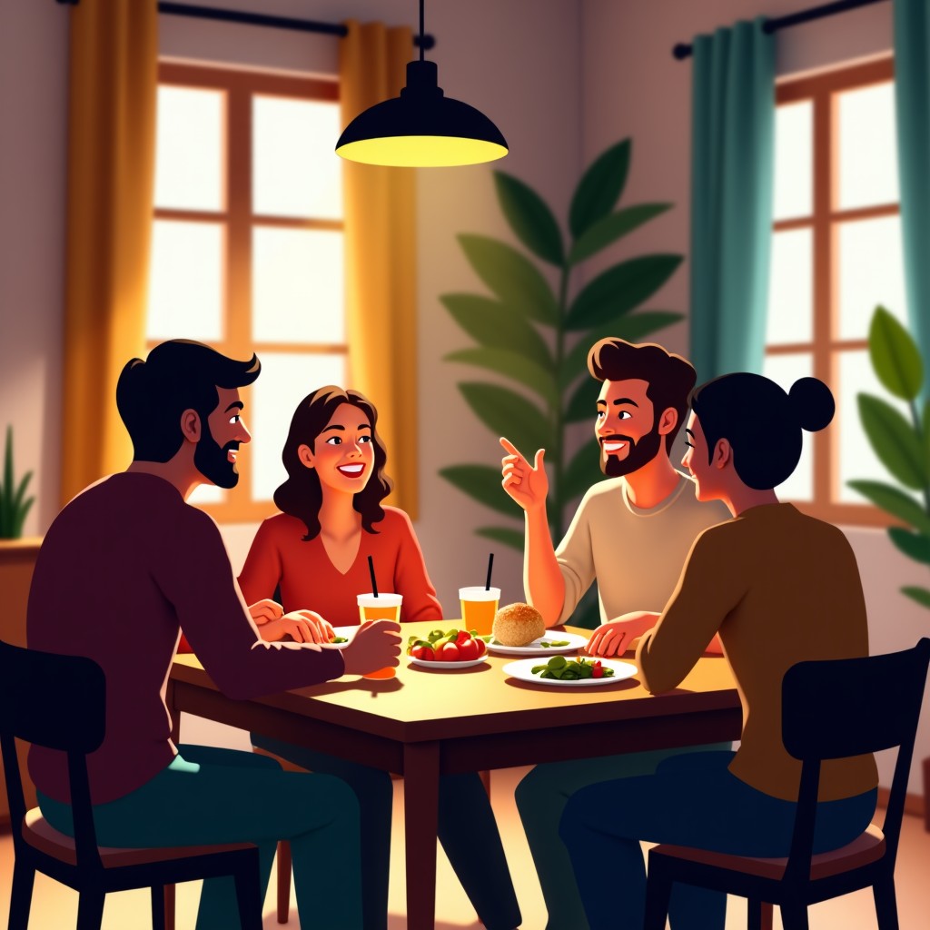 A group of friends sitting around a wooden table in a cozy room sharing a meal and laughing, no technology in sight, warm natural lighting, 4:3