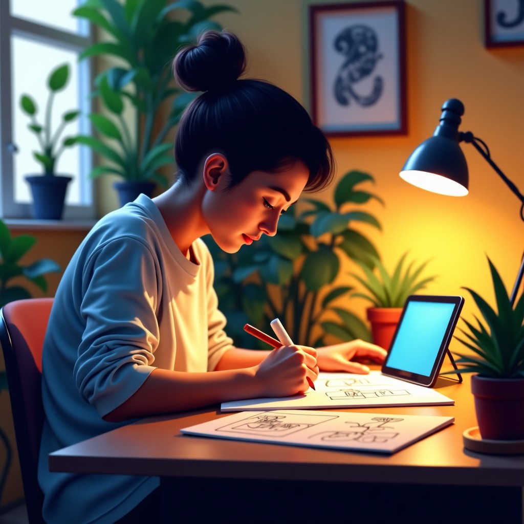A person focused on a creative task involving sketches and digital tablets in a cozy home office with warm lighting and indoor plants. High contrast and natural setting. 4:3