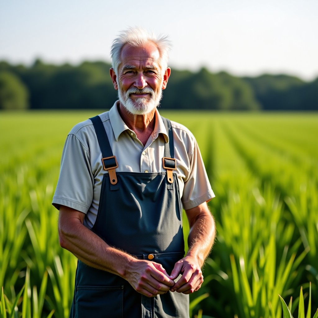 An elderly farmer with a determined expression standing in the middle of a lush green farm field, weathered hands touching the crops, realistic photography, natural sunlight, 4:3