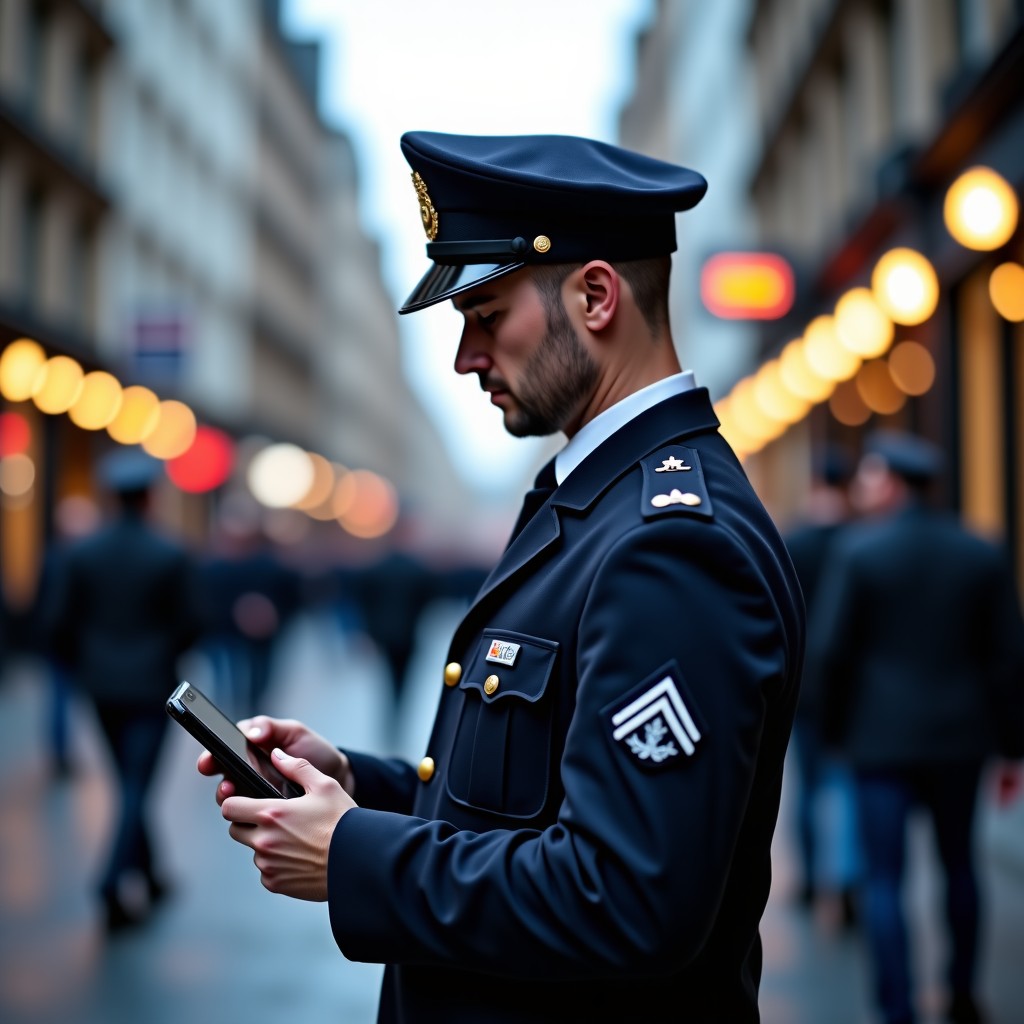 A professional Metropolitan Police officer in London uniform holding a modern smartphone to perform a facial recognition check on a busy city street, cinematic lighting, realistic style, 4:3