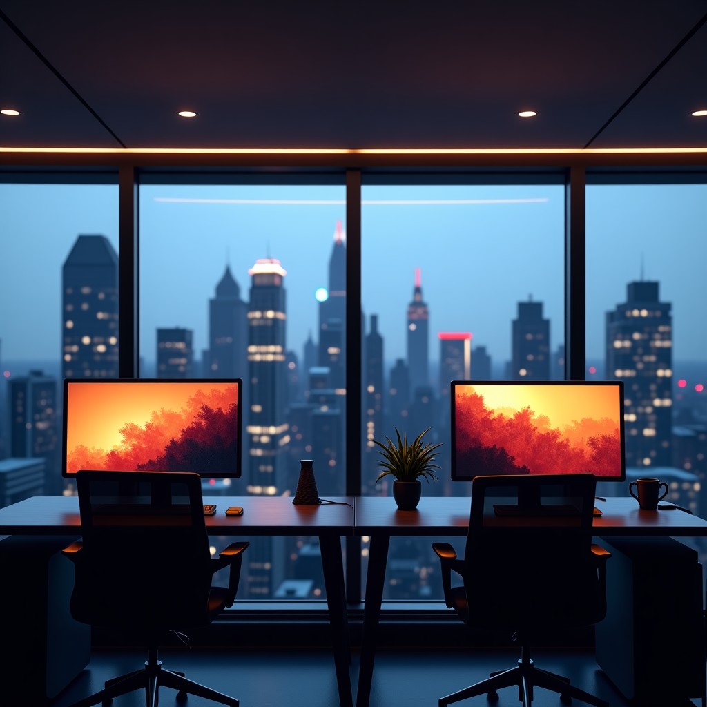 A professional and slightly somber cinematic shot of a modern advertising agency office in London during twilight. Empty desks with glowing computer monitors displaying abstract creative layouts. Large glass windows overlooking the city skyline. The atmosphere is contemplative and high-end. 4:3