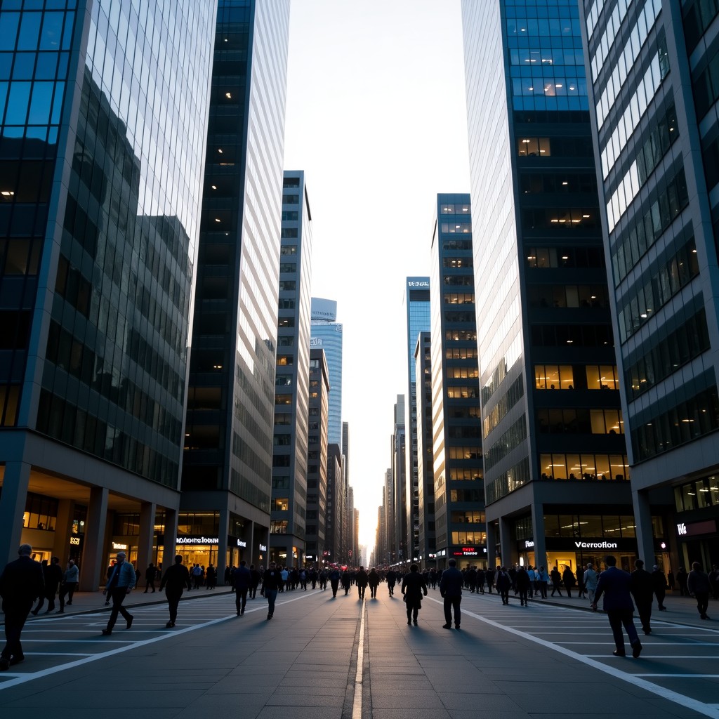 A wide angle view of the City of London financial district with modern skyscrapers and people commuting, soft morning light, high resolution urban photography, 4:3