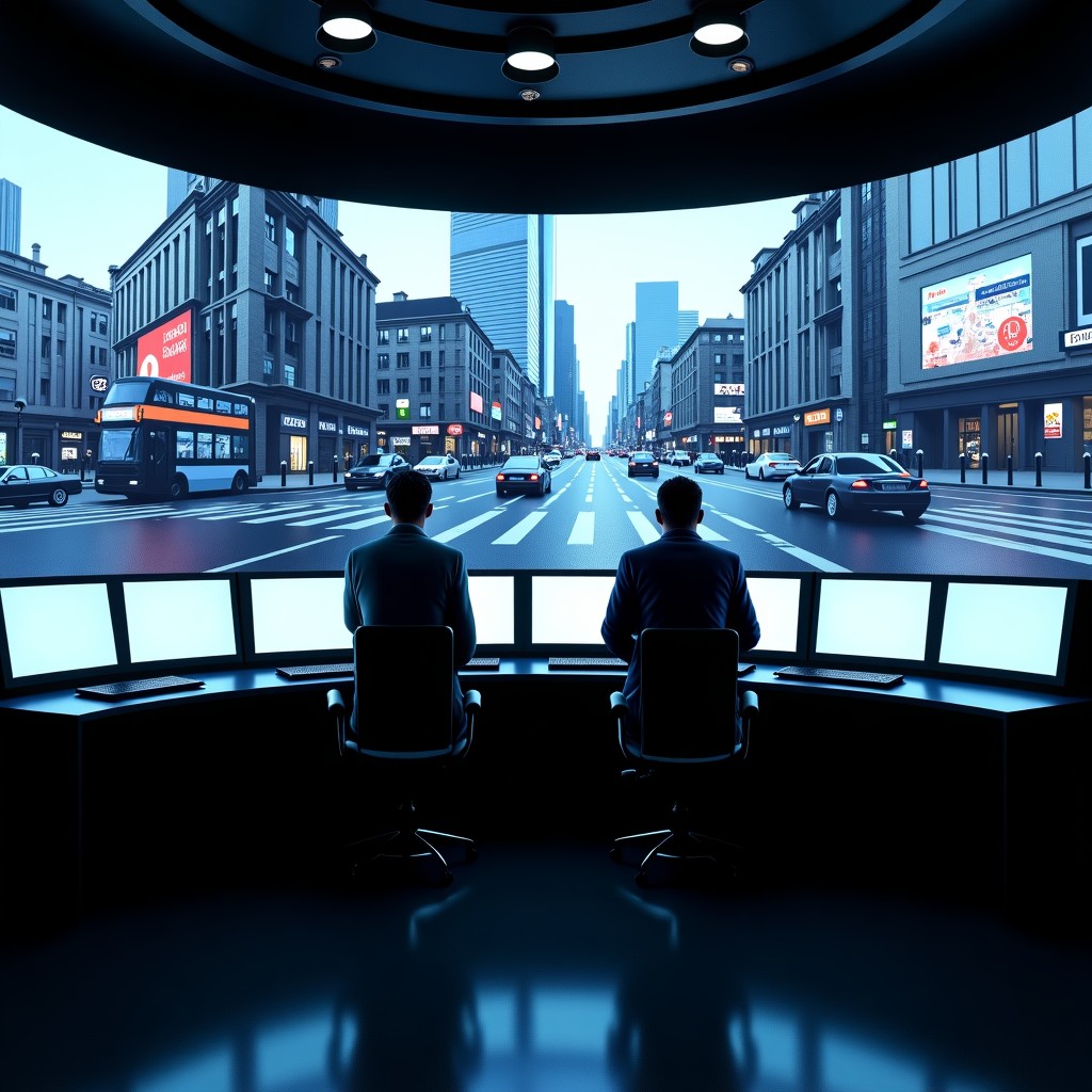 A modern city surveillance center in London with multiple screens displaying urban views and biometric data, high-tech atmosphere, realistic composition, 1:1
