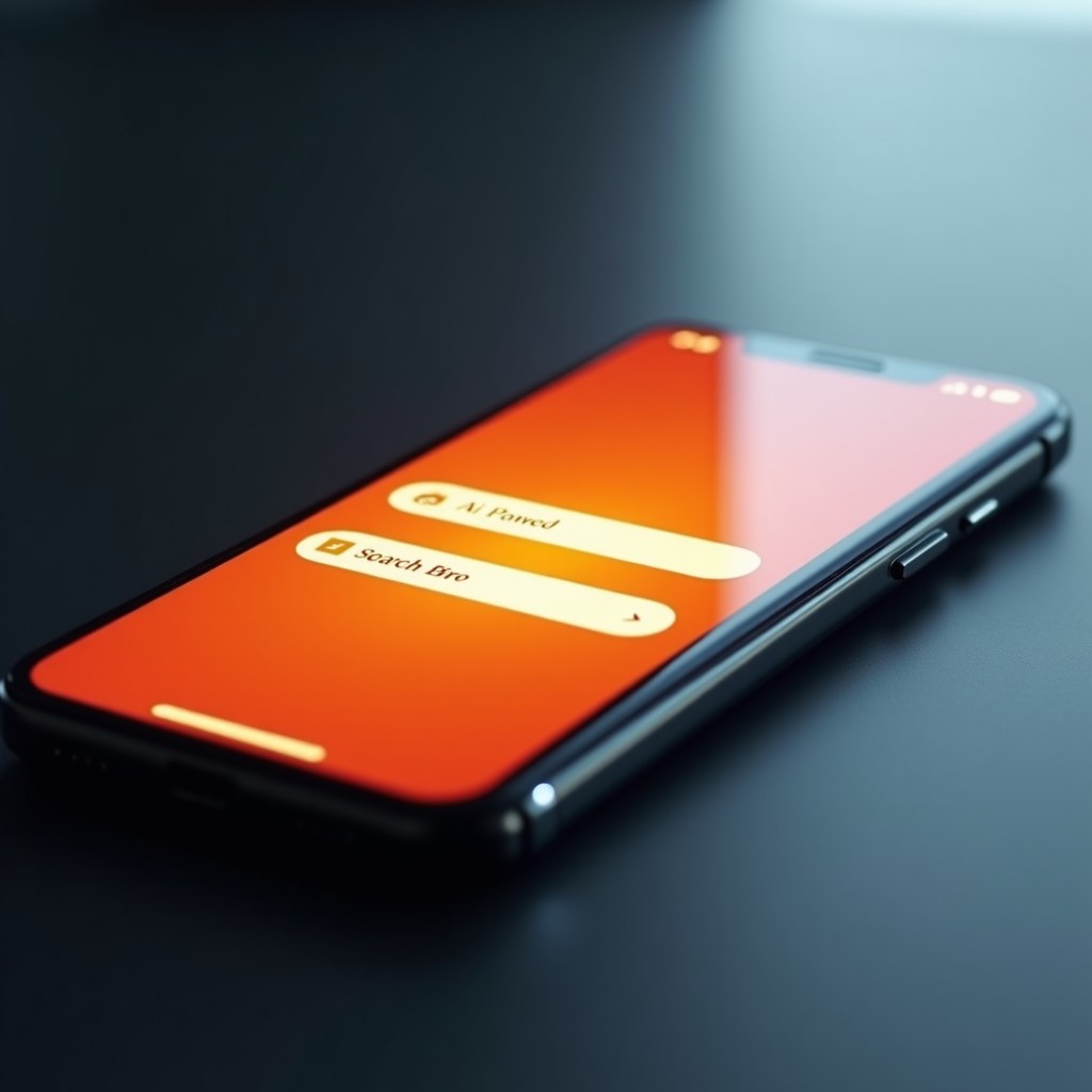 A realistic close-up shot of a modern smartphone displaying a social media app with a glowing AI-powered search bar. The interface looks clean and futuristic with orange accents. High-quality lifestyle photography, natural lighting. 4:3