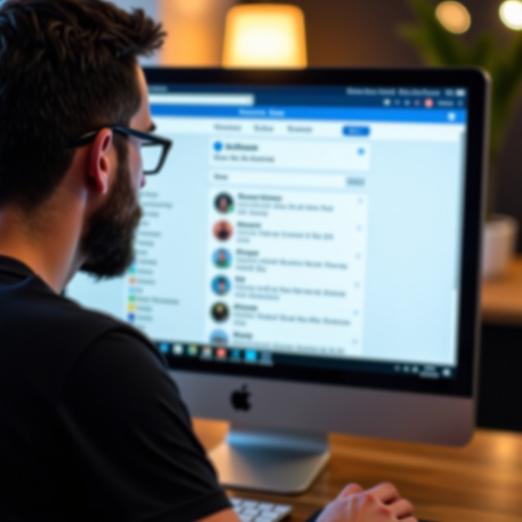 A person looking at a computer monitor showing a social media forum with various tech discussion threads, blurred background of a modern apartment, realistic lifestyle lighting, focused expression. 4:3
