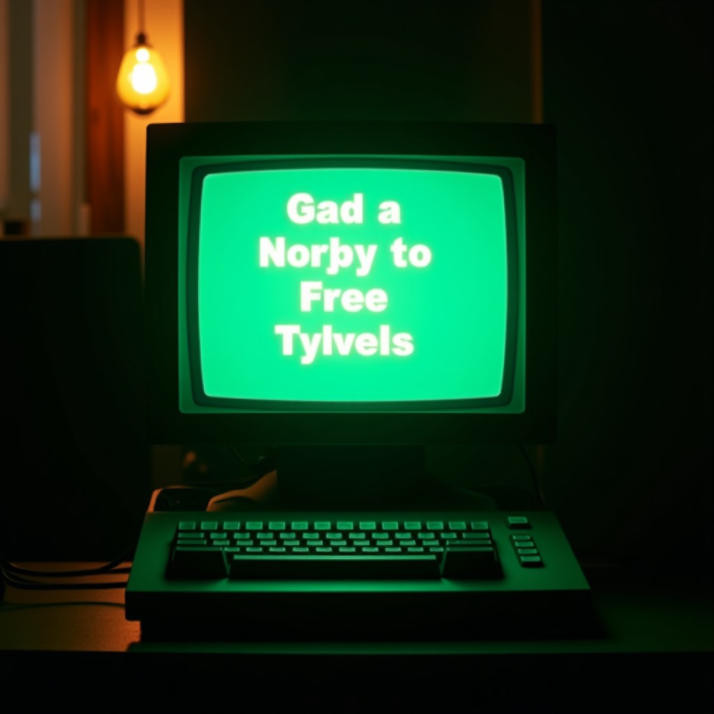 A vintage 1980s computer monitor displaying green glowing text on a black screen, dark room setting, nostalgic atmosphere, cinematic lighting, 4:3