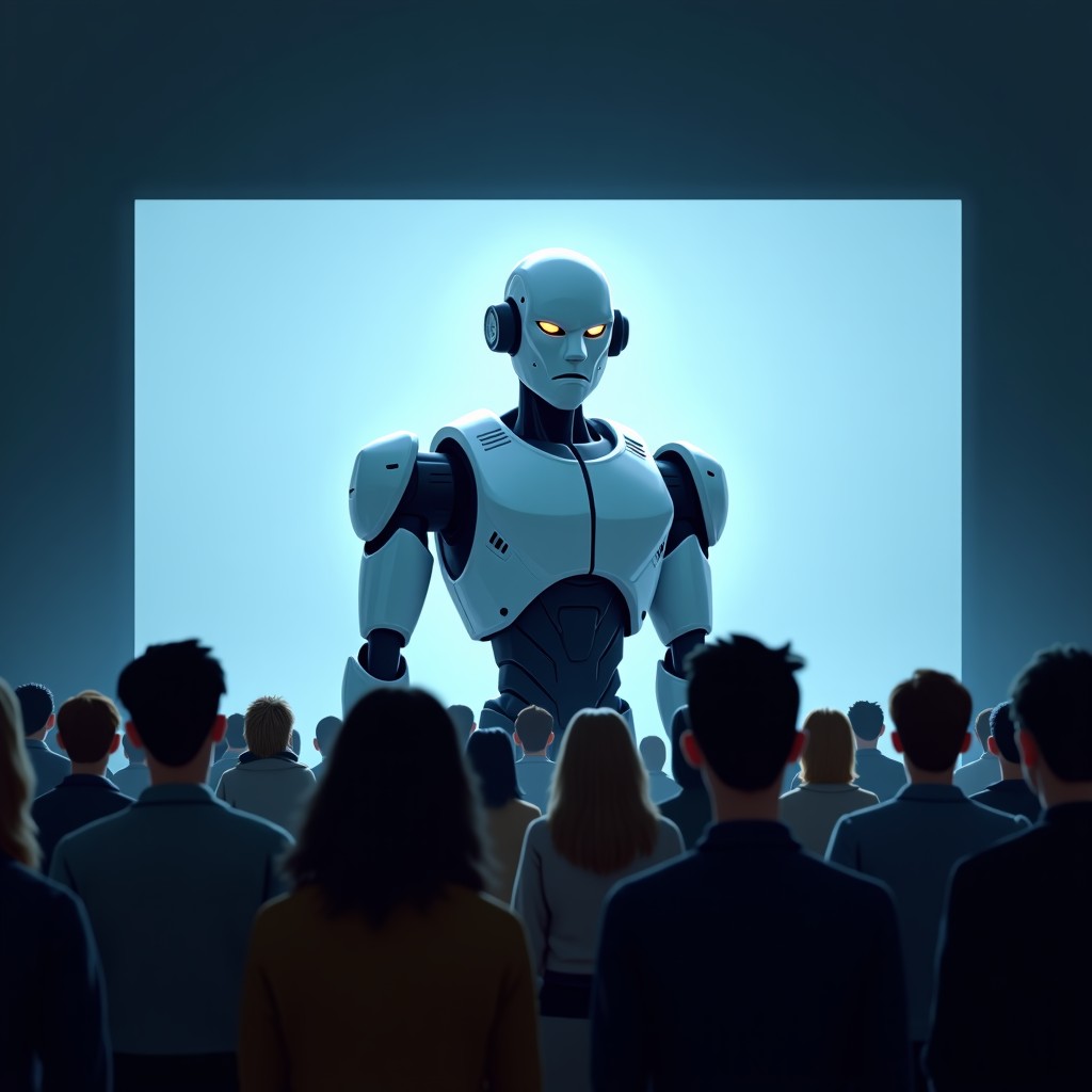 A crowd of diverse people watching a large screen displaying robot technology, mixed expressions of awe and concern, realistic cinematic lighting. 4:3