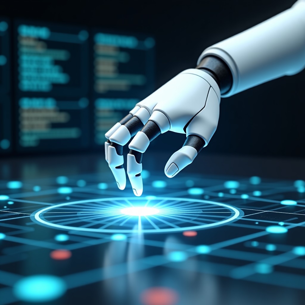 A sleek white robotic arm moving through a virtual simulation grid in a high-tech lab, digital holograms of physical data, soft ambient lighting, high contrast, 4:3