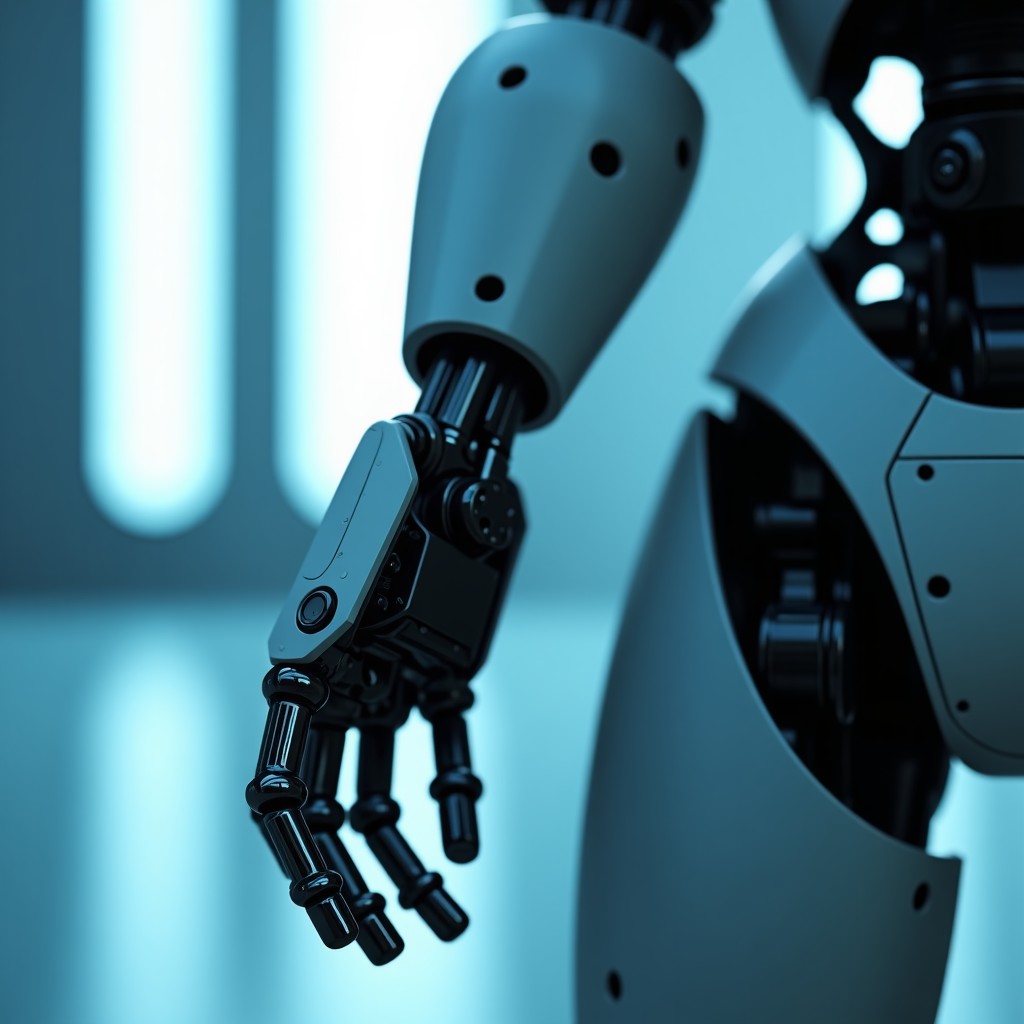 Close-up of a humanoid robot's mechanical arm and hand, intricate gears and sensors visible, soft blue ambient light, modern industrial design. 4:3