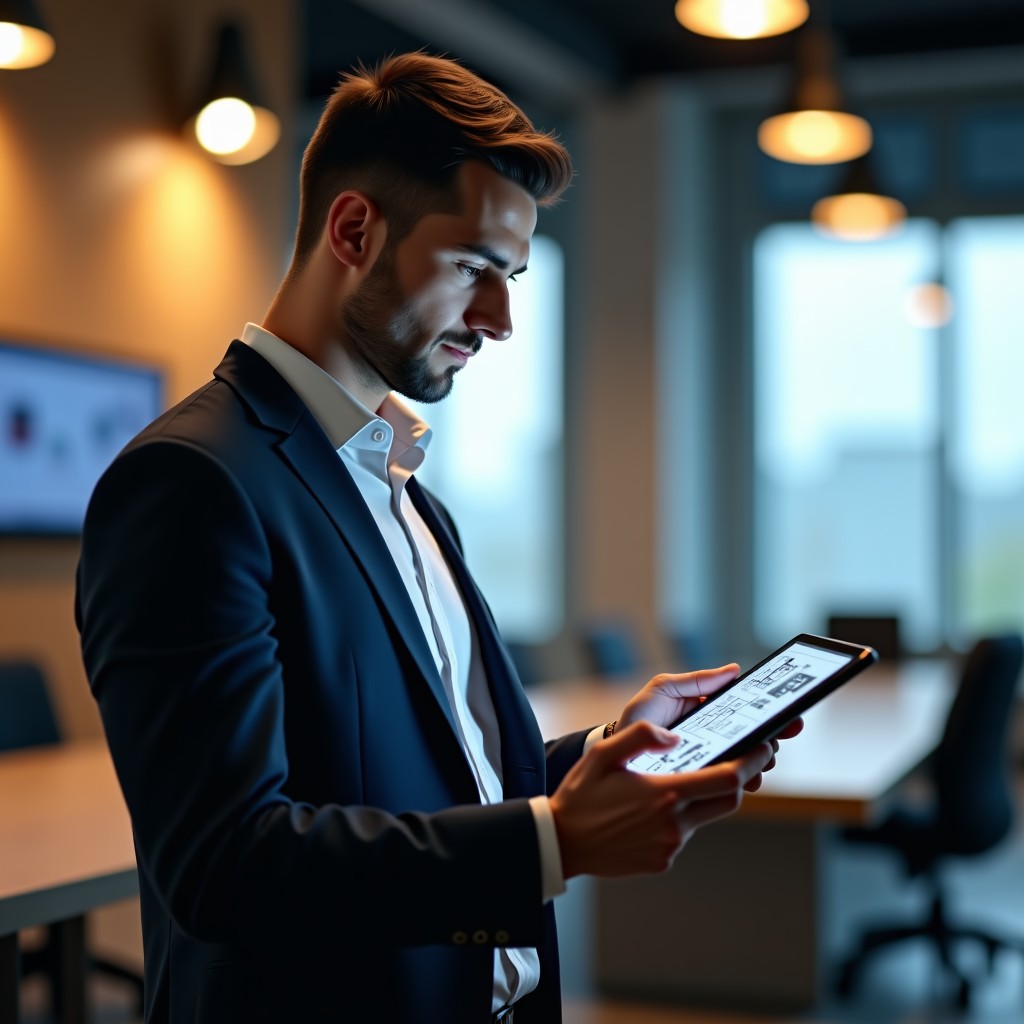 A professional executive-looking man in a smart casual outfit standing in a modern office, looking at a digital tablet showing robot schematics. Warm indoor lighting, blurred background of a tech office, realistic style, 4:3