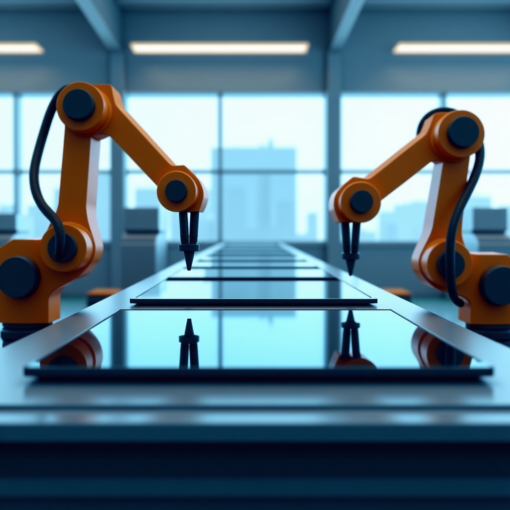 A futuristic clean technology manufacturing line with robotic arms precisely assembling high-definition television panels in a bright laboratory environment. 4:3