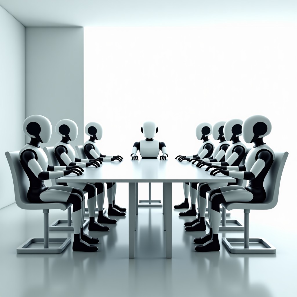 A group of futuristic humanoid robots sitting around a conference table in a white minimalist room, AI collaboration scene, 4:3